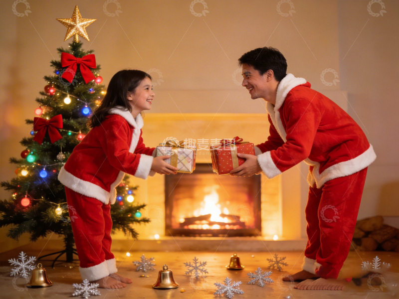 高清大图下载【趣麦麦图】圣诞欢乐送礼物家庭场景