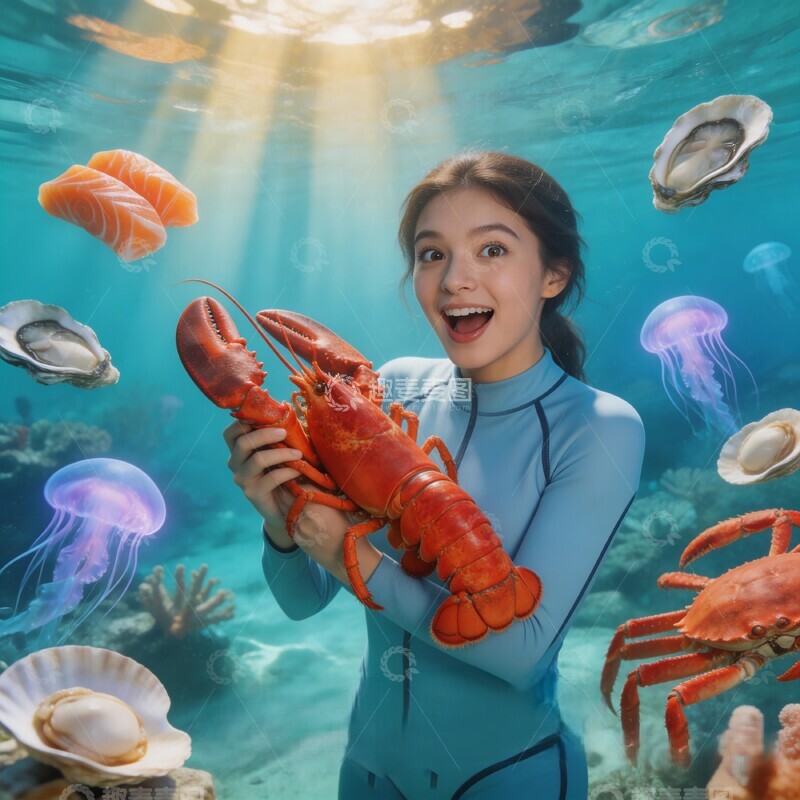 高清大图下载【趣麦麦图】海洋主题潜水员与海鲜合影