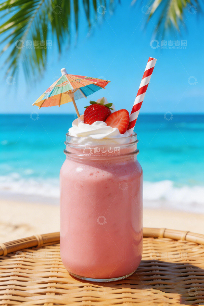 高清大图下载【趣麦麦图】夏日海滩草莓奶昔