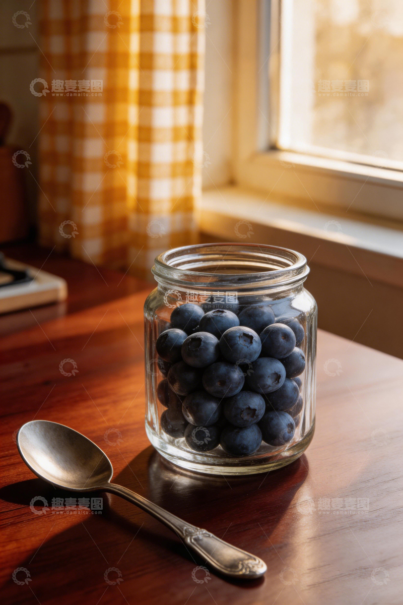 高清大图下载【趣麦麦图】温馨窗台蓝莓罐摄影