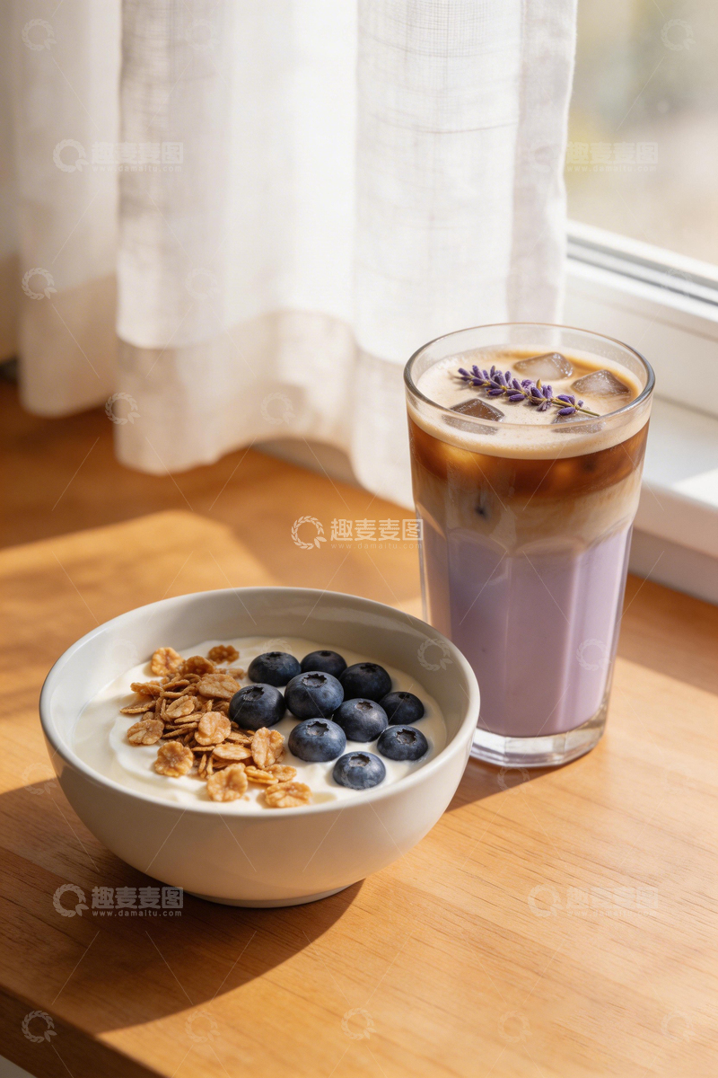 高清大图下载【趣麦麦图】清新早餐酸奶蓝莓冰拿铁