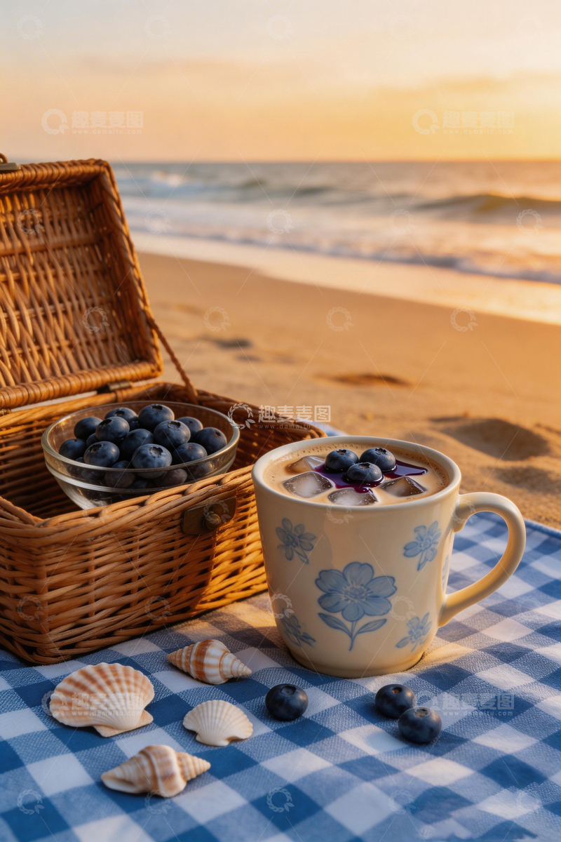 高清大图下载【趣麦麦图】海滩野餐风光静物摄影