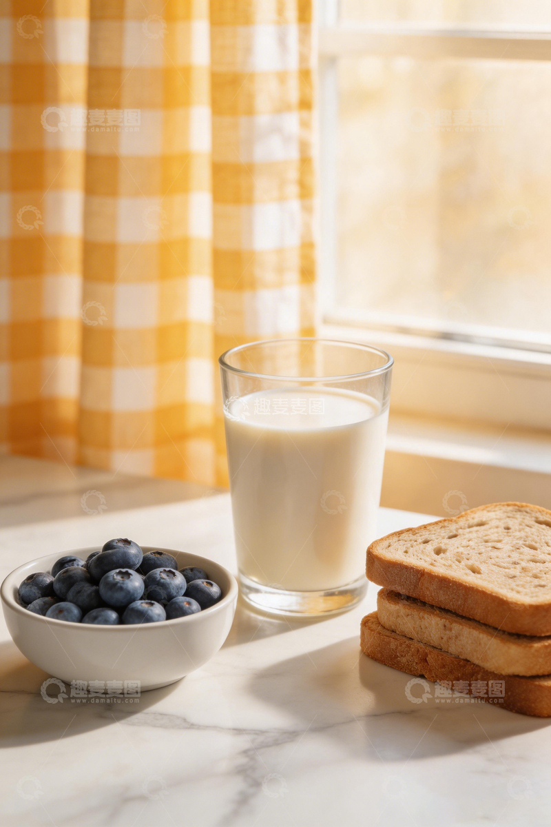 高清大图下载【趣麦麦图】简约早餐牛奶面包蓝莓