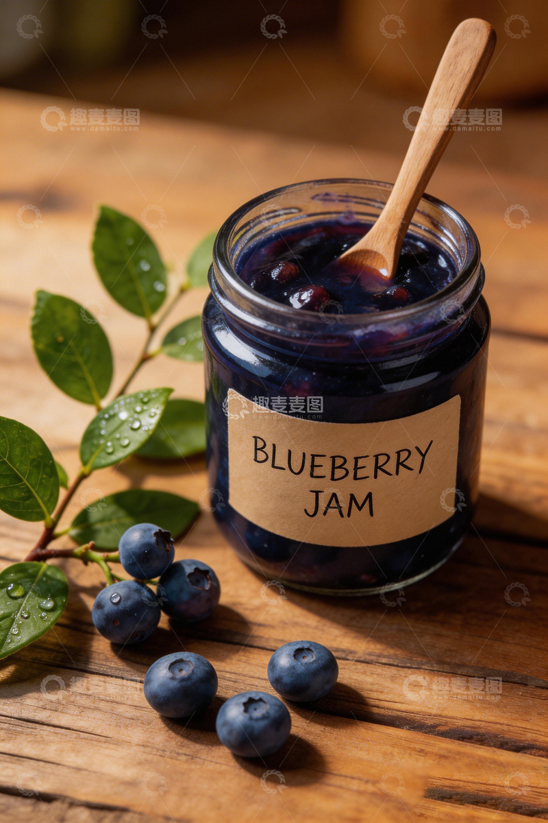 高清大图下载【趣麦麦图】木质桌面蓝莓果酱静物摄影