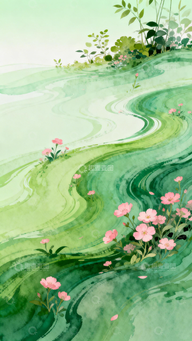 高清大图下载【趣麦麦图】水彩画河流花卉风景