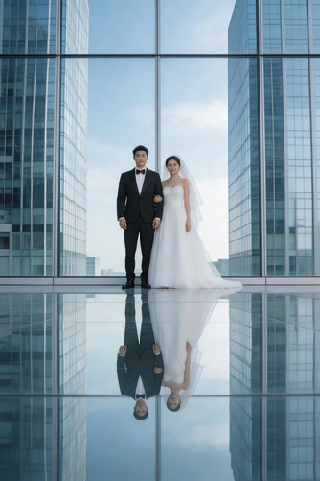 都市婚纱建筑反射摄影