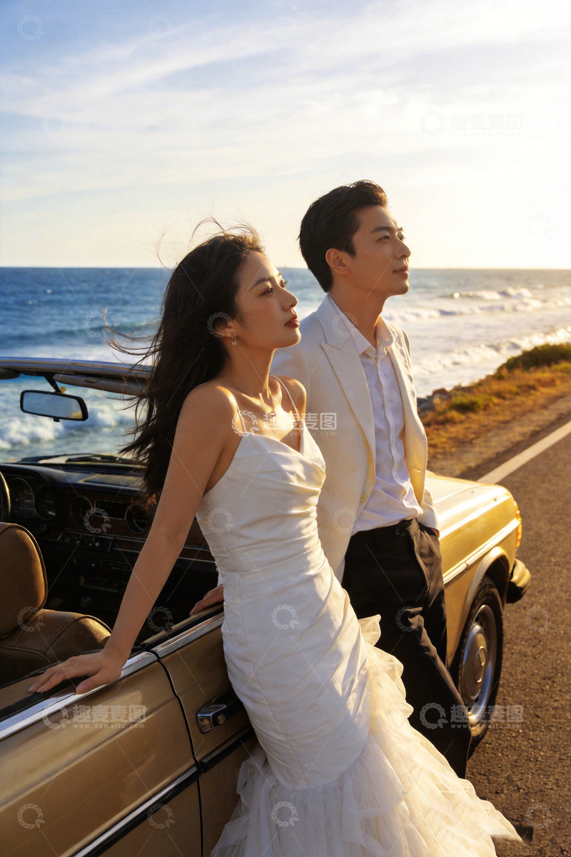 高清大图下载【趣麦麦图】海边婚纱写真复古汽车浪漫场景