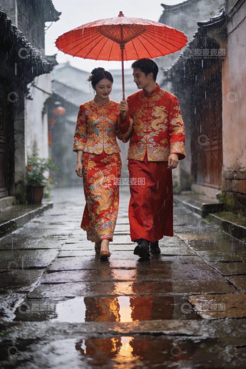 高清大图下载【趣麦麦图】雨中古镇中式婚礼摄影