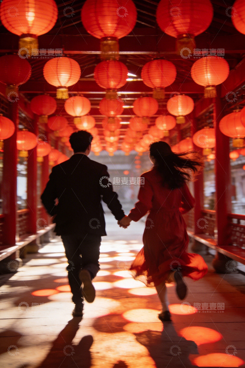 高清大图下载【趣麦麦图】红色灯笼长廊情侣奔跑