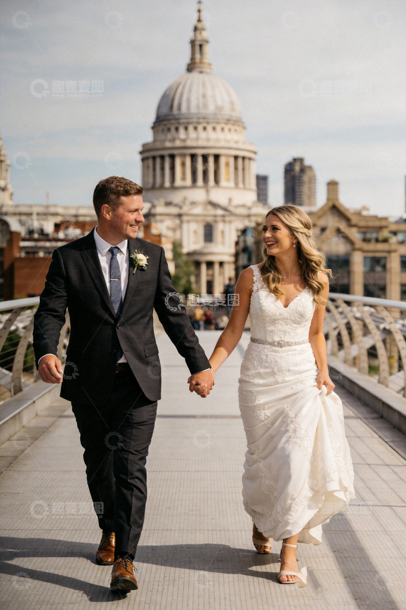 高清大图下载【趣麦麦图】婚礼摄影城市背景新人在桥上漫步