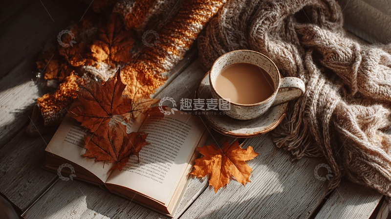 高清大图下载【趣麦麦图】落叶书香，咖啡余韵
