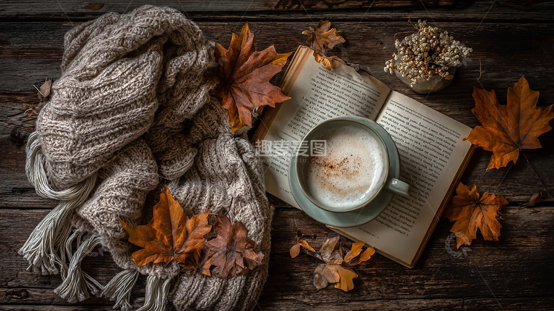 高清大图下载【趣麦麦图】秋日暖意书香咖啡时光