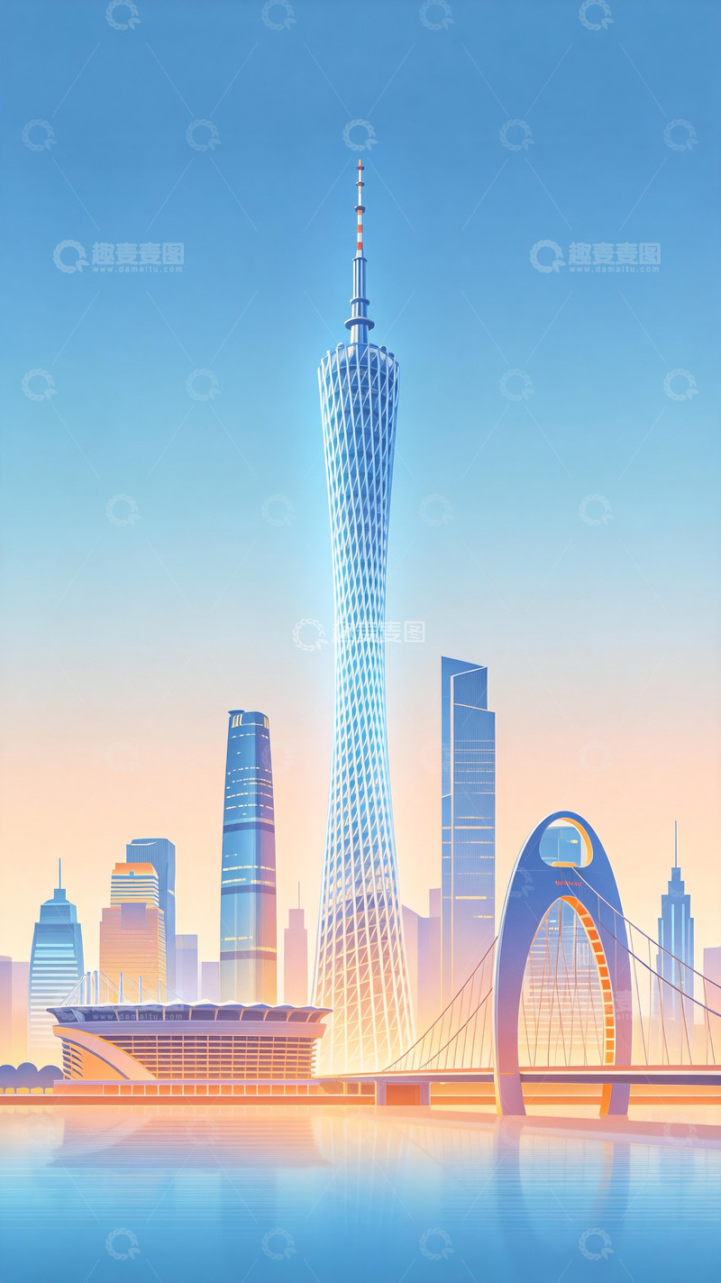 高清大图下载【趣麦麦图】蓝橙色炫彩渐变光效广州城市背景3