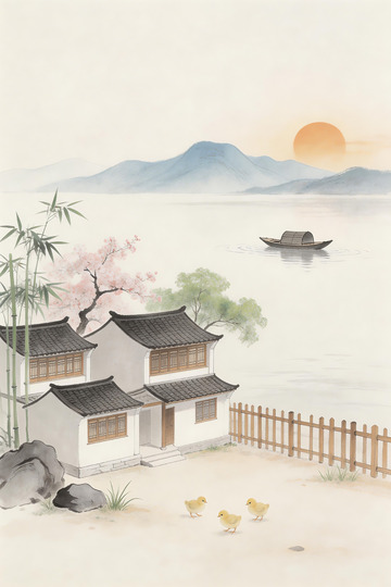 白墙黛瓦阁楼水墨画4