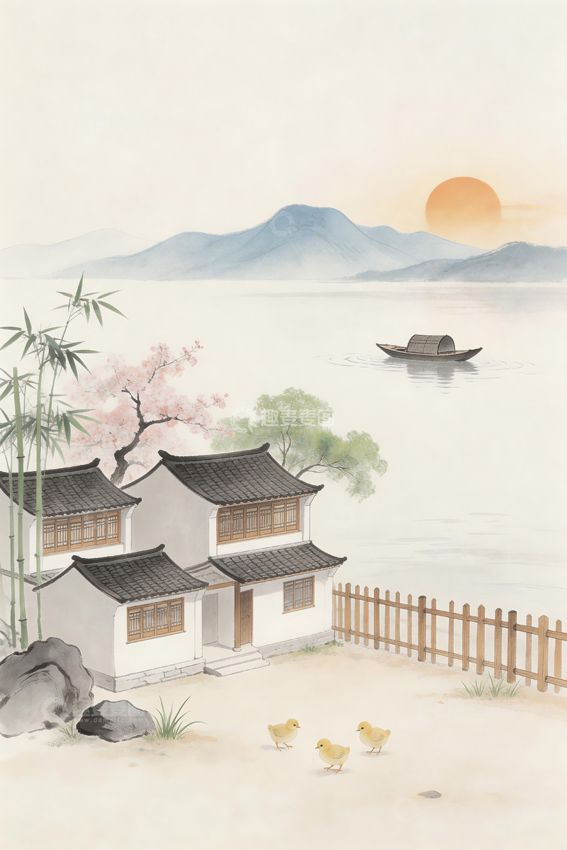 高清大图下载【趣麦麦图】白墙黛瓦阁楼水墨画4