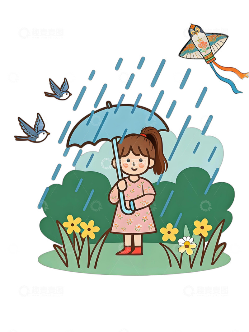 高清大图下载【趣麦麦图】雨中漫步可爱女生创意卡通插画