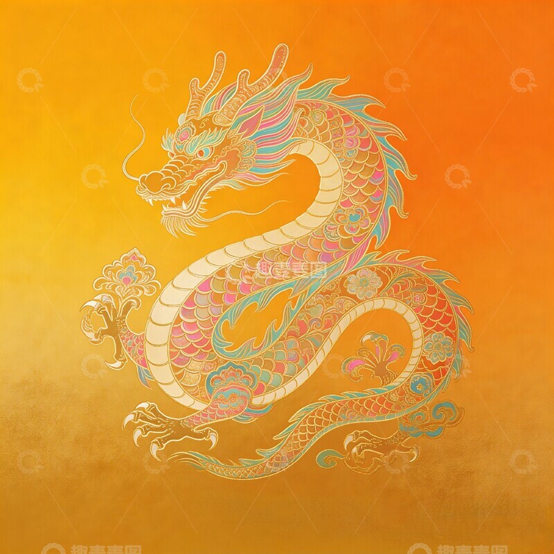 高清大图下载【趣麦麦图】金黄龙纹艺术插画