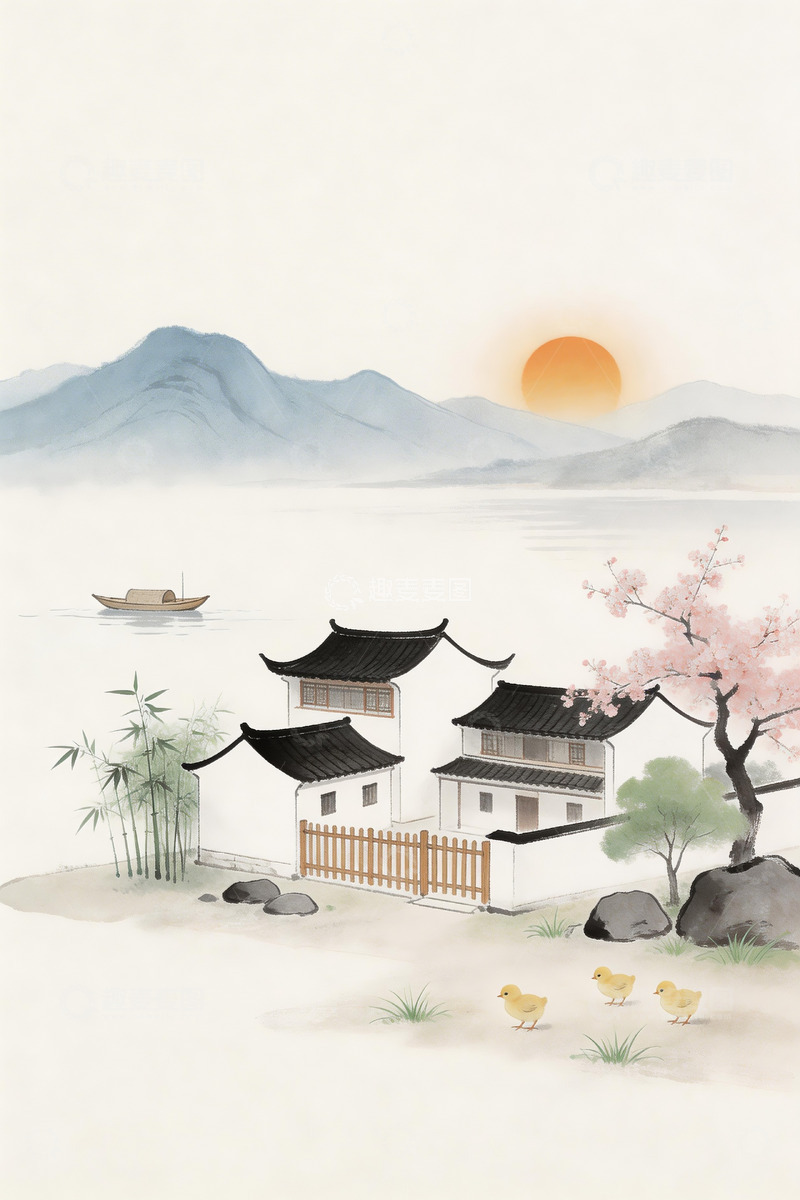 高清大图下载【趣麦麦图】白墙黛瓦阁楼水墨画5