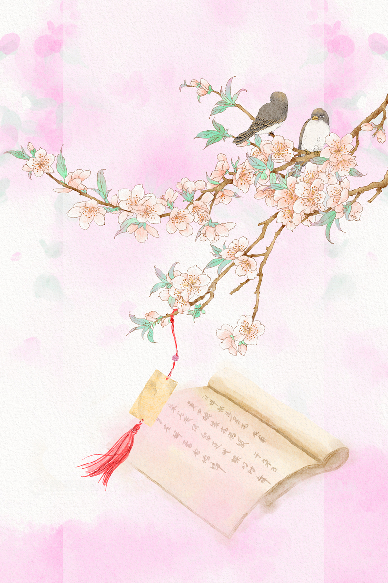 源文件下载【趣麦麦图】-桃花花鸟信笺古韵插画