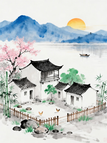 白墙黛瓦阁楼水墨画3