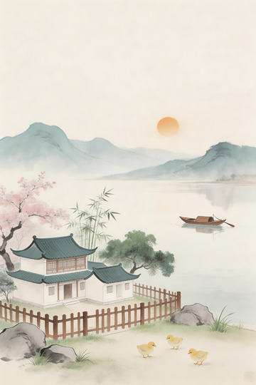 白墙黛瓦阁楼水墨画2