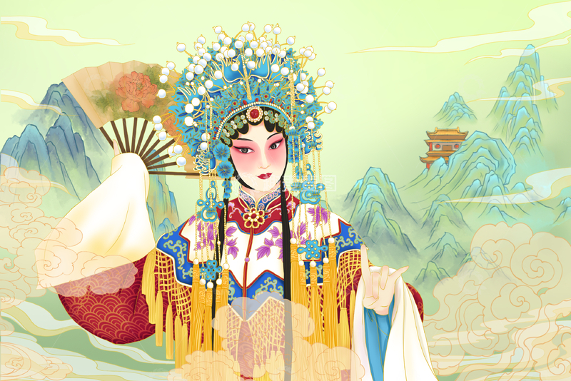 源文件下载【趣麦麦图】-古典戏曲人物插画山水背景