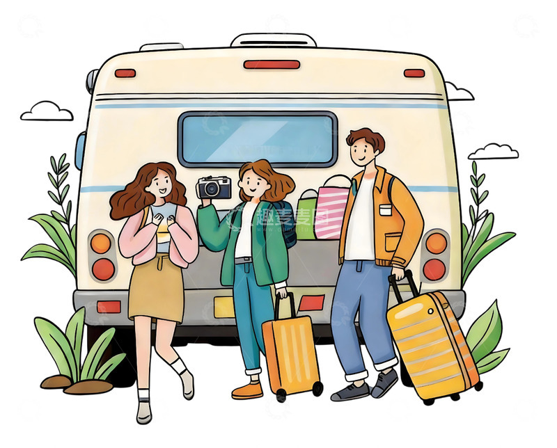 高清大图下载【趣麦麦图】旅行插画露营车三人行免扣素材