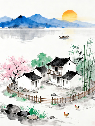 白墙黛瓦阁楼水墨画