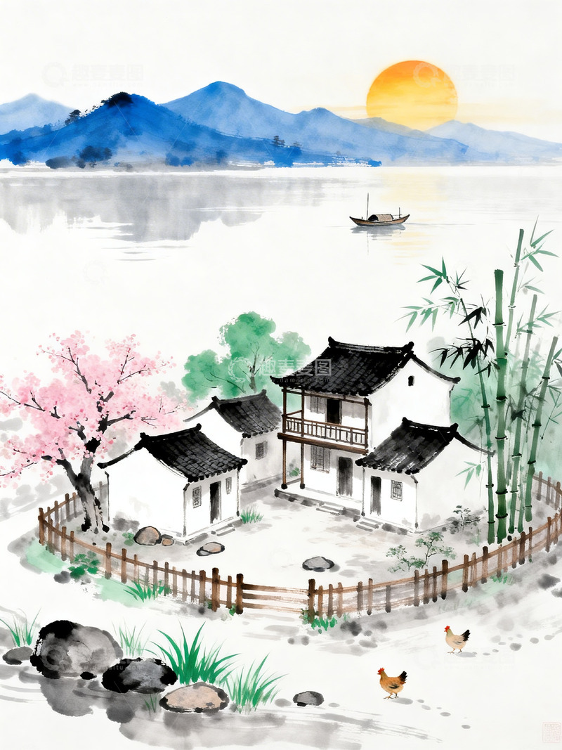 高清大图下载【趣麦麦图】白墙黛瓦阁楼水墨画