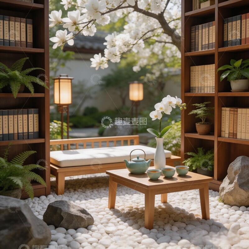 高清大图下载【趣麦麦图】古典中式庭院书香茶杯摆设