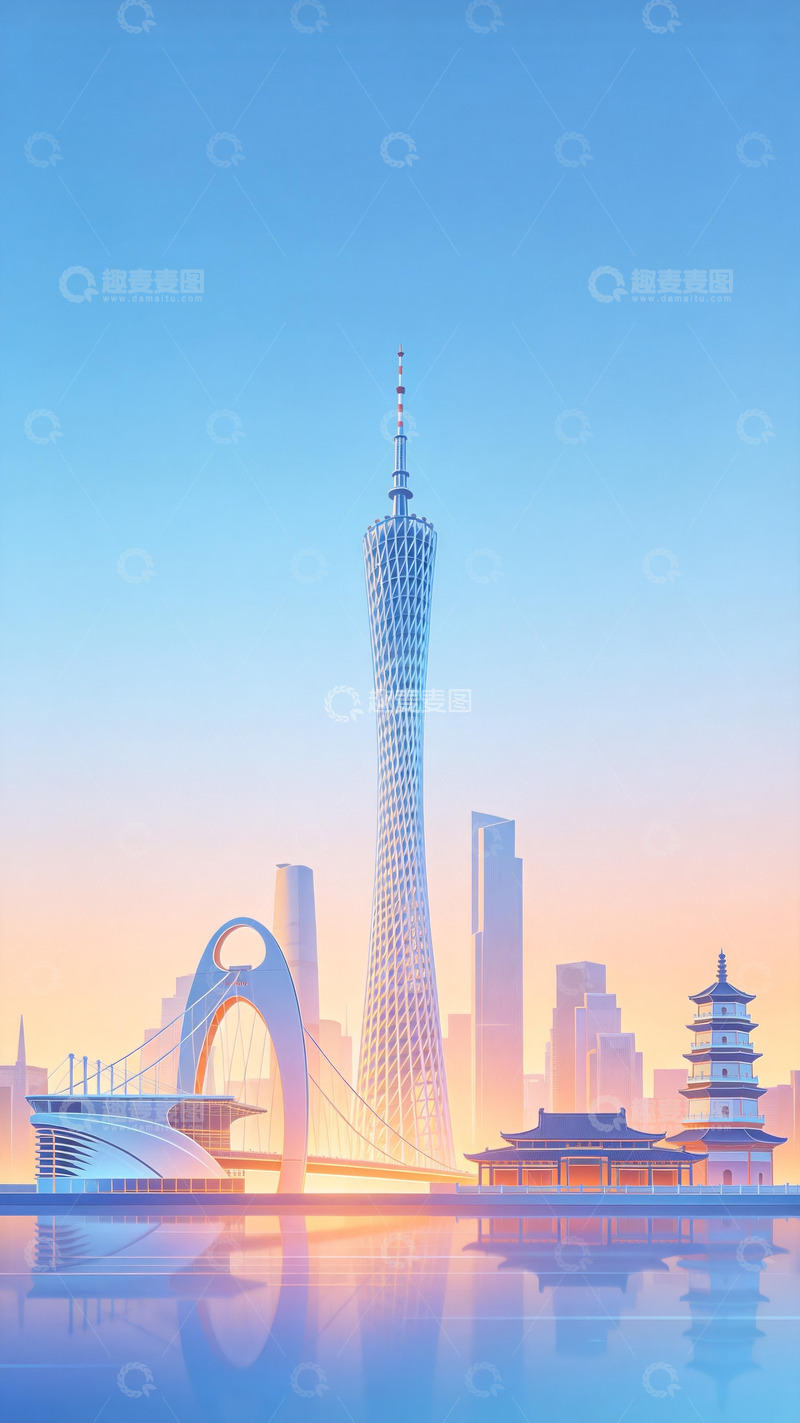 高清大图下载【趣麦麦图】蓝橙色炫彩渐变光效广州城市背景1