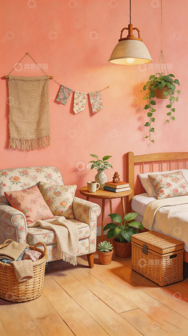 高清大图下载【趣麦麦图】温馨家居装饰插画客厅场景