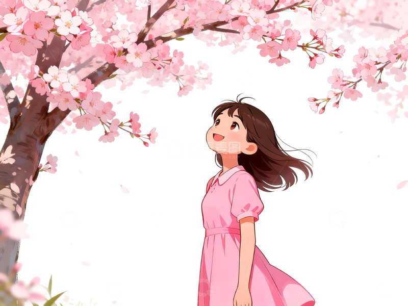 高清大图下载【趣麦麦图】樱花树下少女插画
