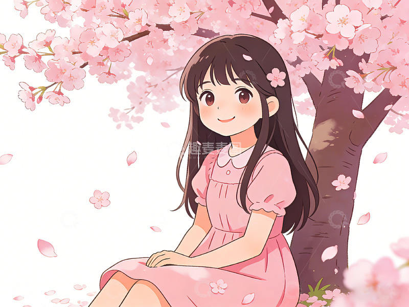 高清大图下载【趣麦麦图】粉色樱花少女插画