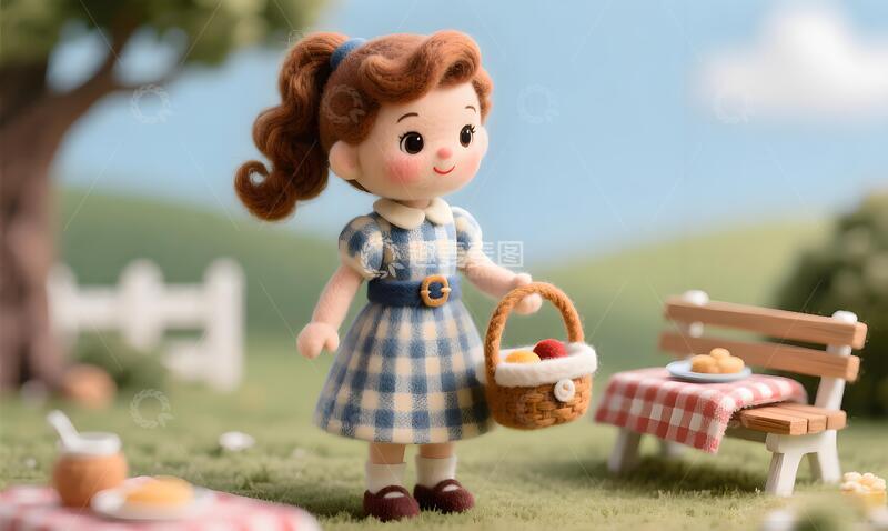 高清大图下载【趣麦麦图】田园小女孩野餐场景插画毛毡风