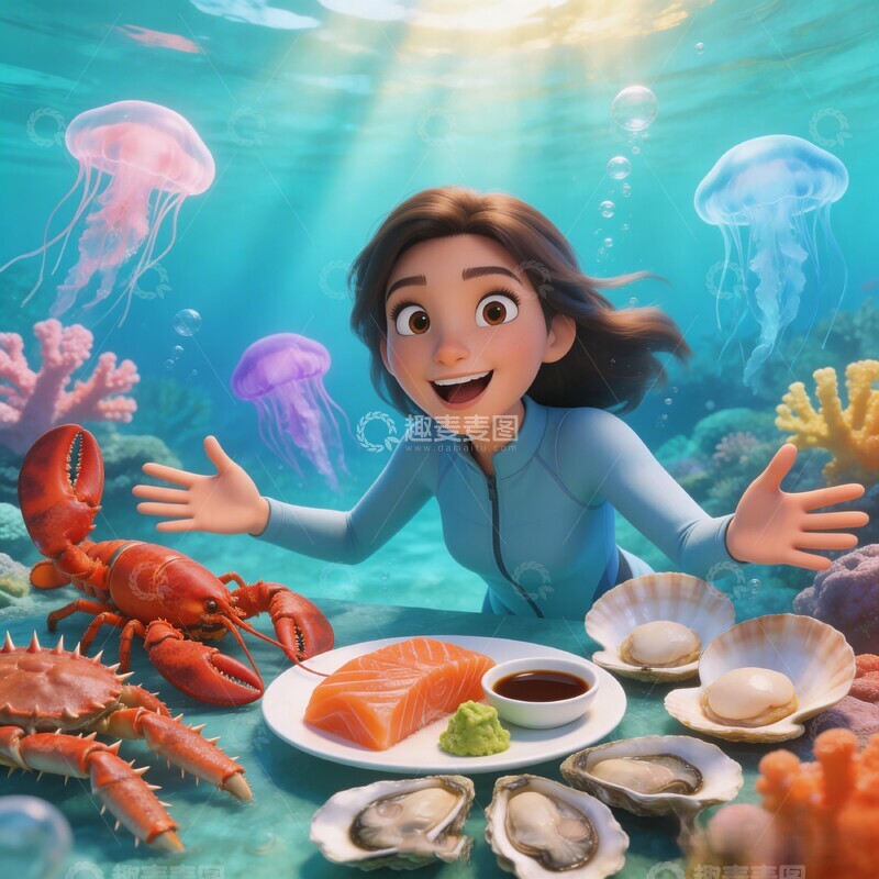 高清大图下载【趣麦麦图】卡通海底美食场景插画