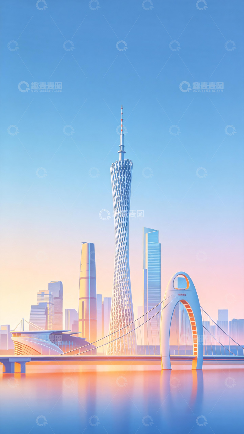 高清大图下载【趣麦麦图】蓝橙色炫彩渐变光效广州城市背景2