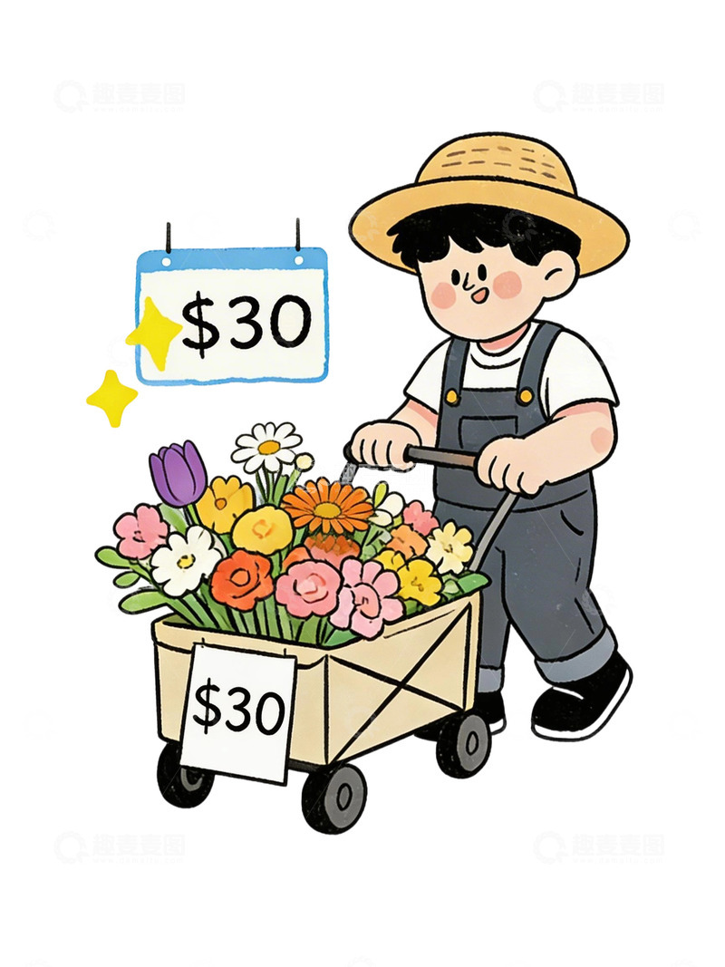 高清大图下载【趣麦麦图】卡通小男孩花贩卖花场景插画免扣元素