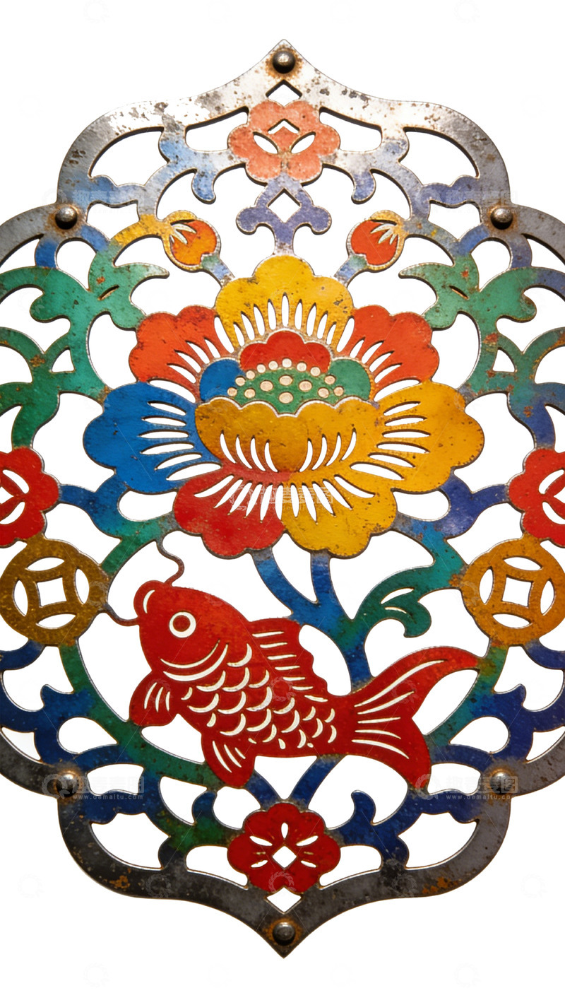 高清大图下载【趣麦麦图】彩绘鱼花金属装饰挂件剪纸
