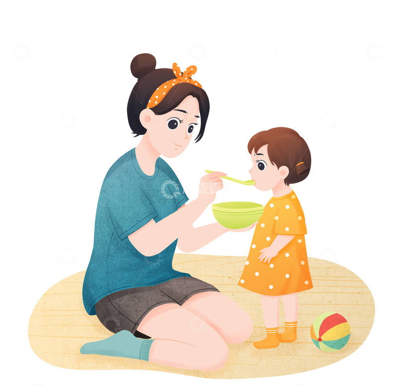 源文件下载【趣麦麦图】妈妈喂宝宝吃饭温馨场景插画