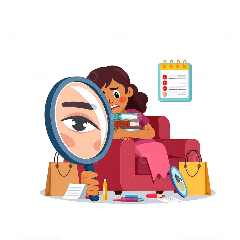 高清大图下载【趣麦麦图】卡通女性自我观察插画