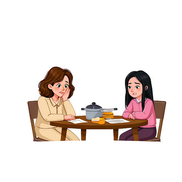 母女餐桌交流温馨插画