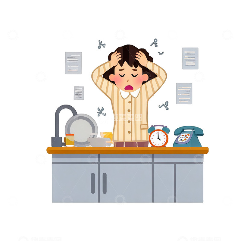 高清大图下载【趣麦麦图】卡通女性厨房焦虑插画
