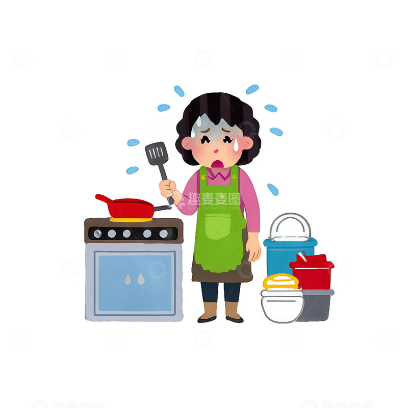 高清大图下载【趣麦麦图】卡通主妇烹饪困扰厨房场景