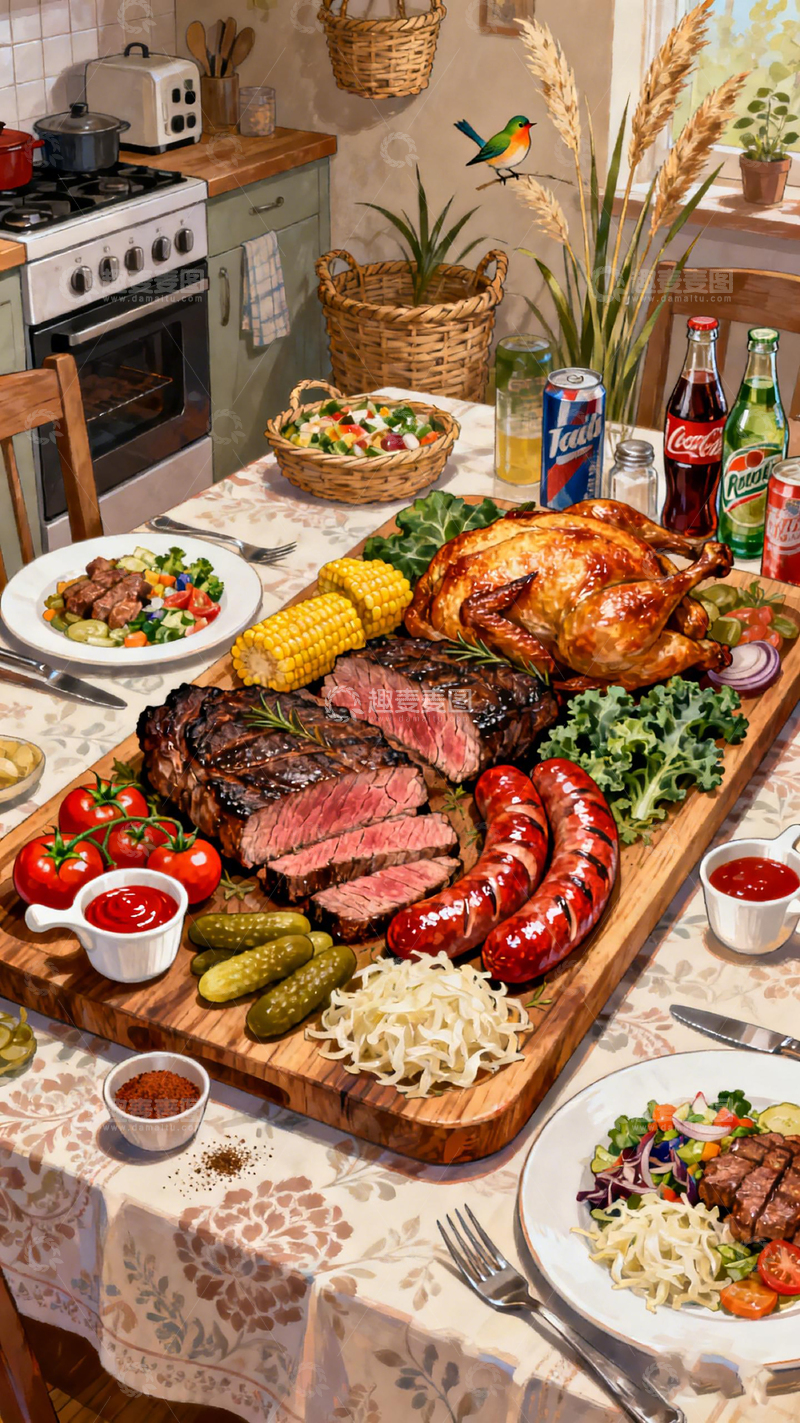 高清大图下载【趣麦麦图】美食丰盛家宴插画
