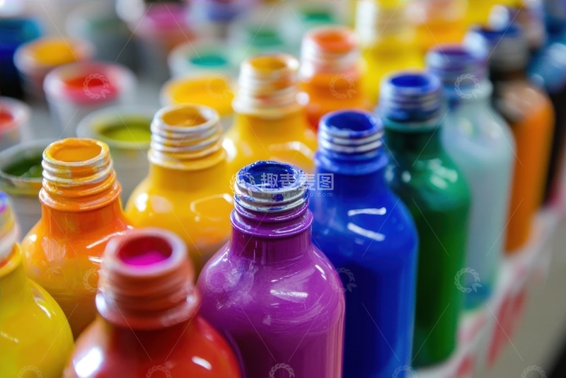 高清大图下载【趣麦麦图】一排排列整齐的颜料瓶