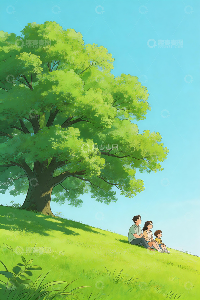 高清大图下载【趣麦麦图】大树草地一家三口4