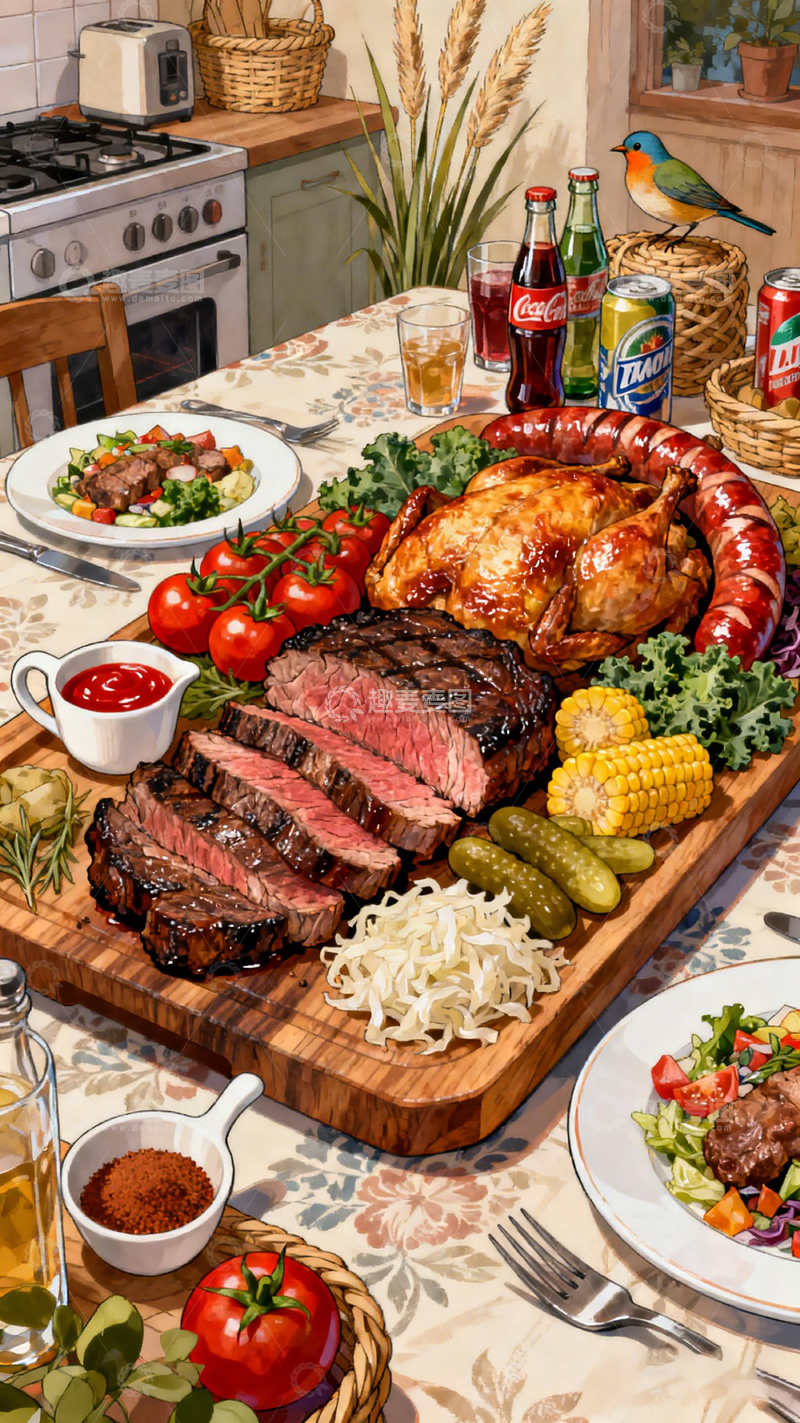 高清大图下载【趣麦麦图】丰盛美食插画风格餐桌设计素材