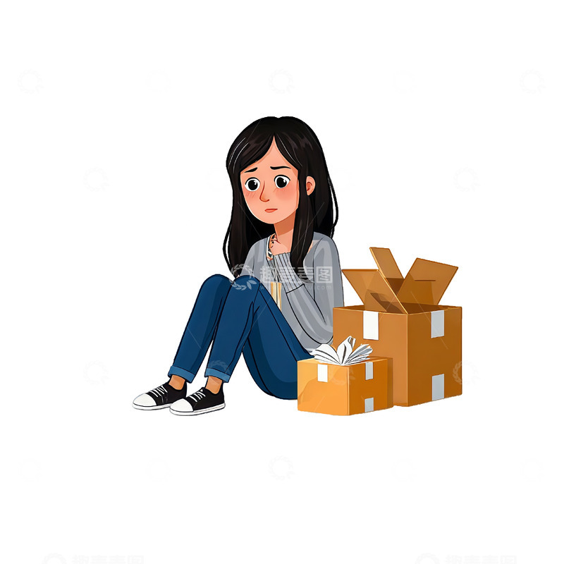 高清大图下载【趣麦麦图】【标题】卡通女孩纸箱休息图