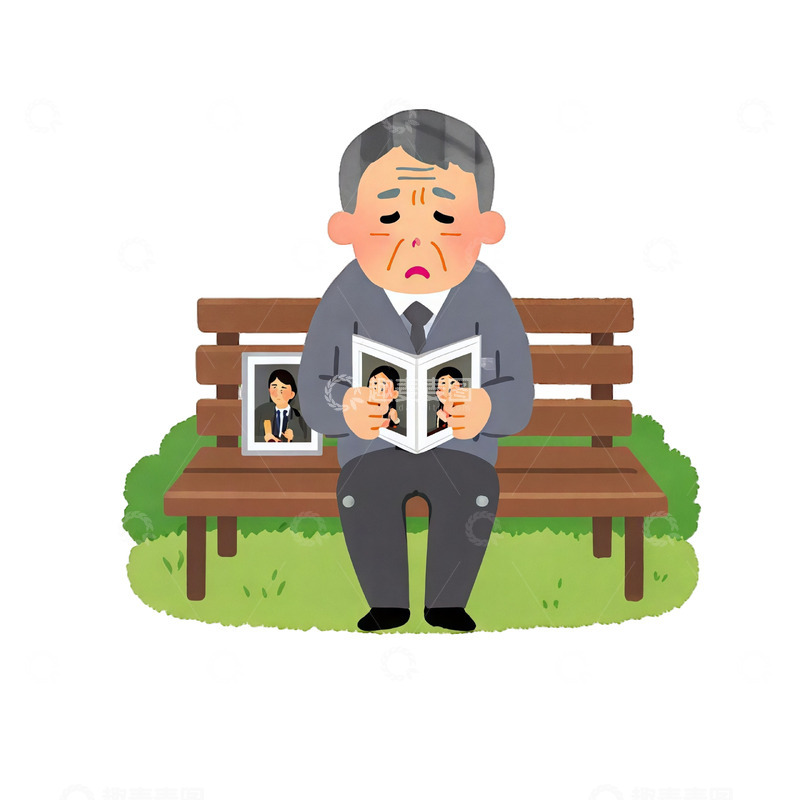 高清大图下载【趣麦麦图】卡通风老人公园长椅回忆